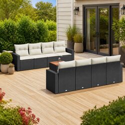 Garden Sofa Set 9 Piece Outdoor Furniture Black Poly Rattan Patio Seating with