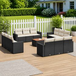 Outdoor Garden Sofa Set 13 Piece Black Poly Rattan Patio Furniture with Cushions