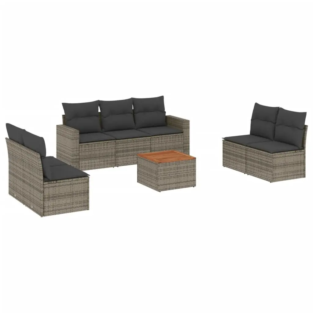 Garden Sofa Set 8 Piece Modular Outdoor Furniture Grey Rattan with Thick Cushions and Acacia Wood Table