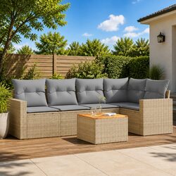 6 Piece Garden Sofa Set Outdoor Furniture Beige Cushions Patio Rattan Sectional