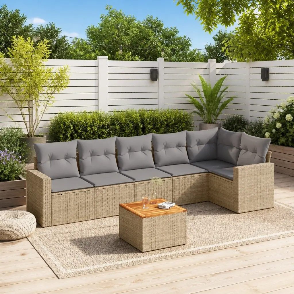 7 Piece Garden Sofa Set Outdoor Patio Furniture with Cushions Beige Rattan