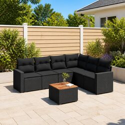 7 Piece Outdoor Garden Sofa Set Patio Furniture Black Poly Rattan with Cushions