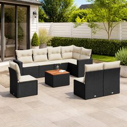 Garden Sofa Set 9 Piece Outdoor Furniture Black Poly Rattan Patio Lounge with