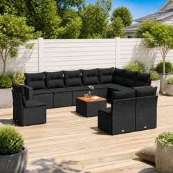 Outdoor Sofa Set 11 Piece Garden Furniture Black Poly Rattan with Cushions Patio