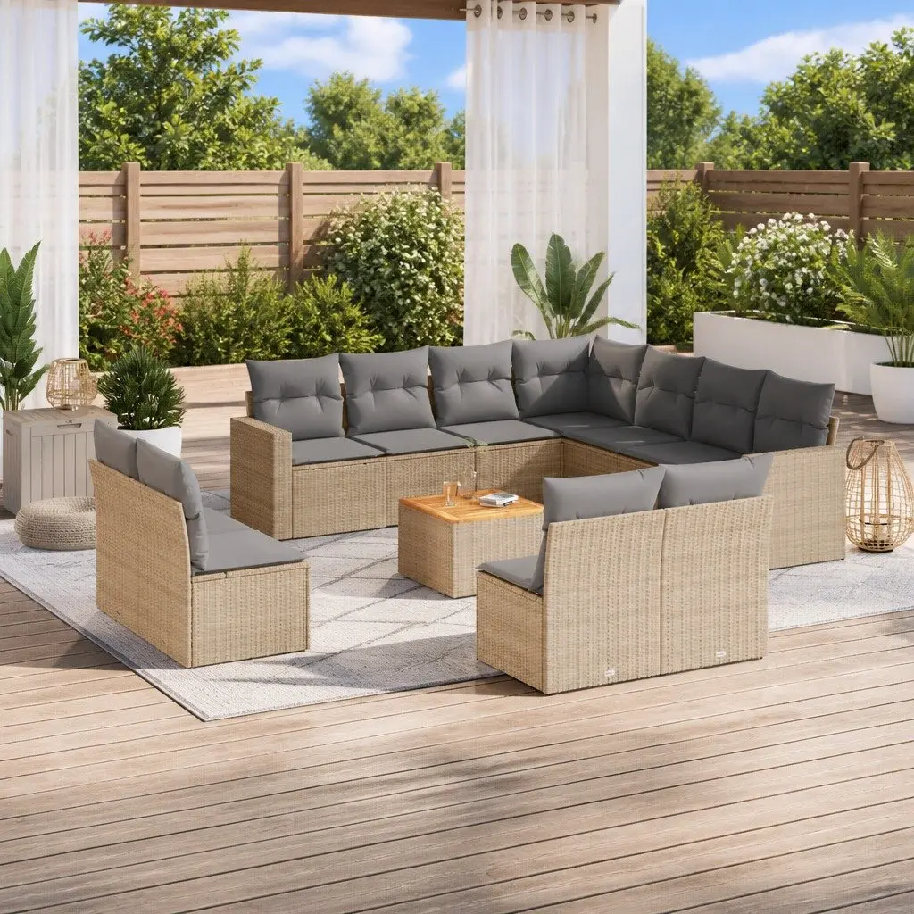12 Piece Garden Sofa Set Beige Poly Rattan Outdoor Furniture with Cushions
