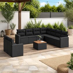 Outdoor Garden Sofa Set 10 Piece Black Poly Rattan Patio Furniture with Cushions