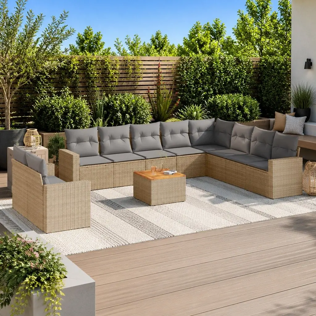 11 Piece Outdoor Garden Sofa Set with Cushions Beige Poly Rattan Patio Furniture