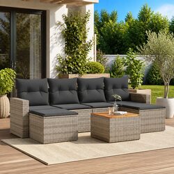 Outdoor Sectional Sofa Set 7 Piece Grey Poly Rattan Garden Seating with Cushions