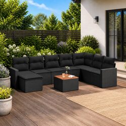 Outdoor Sectional Sofa Set 9 Piece Black Poly Rattan Garden Furniture with