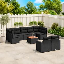 Outdoor Sectional Sofa Set 10 Piece Black Poly Rattan Garden Furniture Cushions