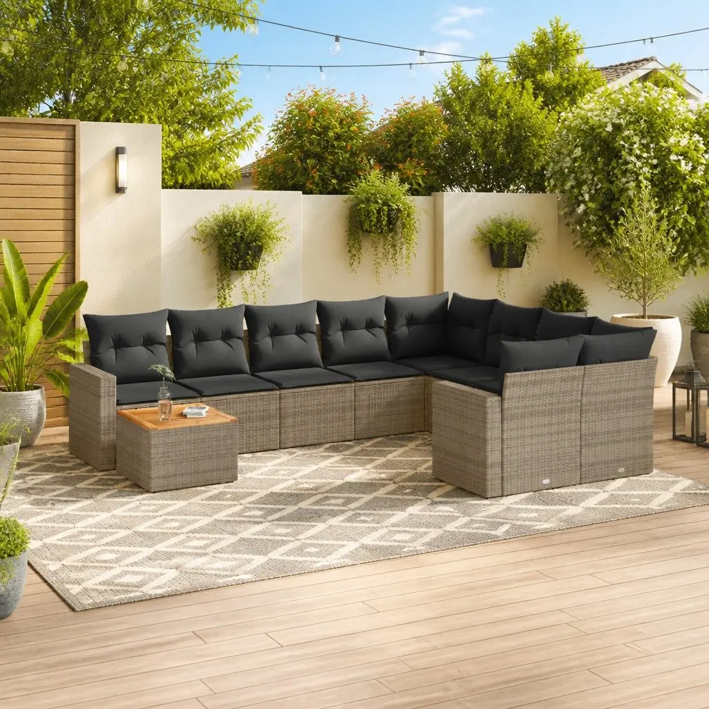 10 Piece Outdoor Garden Sectional Sofa Set Grey Poly Rattan with Cushions