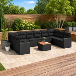 Outdoor Sectional Sofa Set 11 Piece Garden Furniture Black Poly Rattan with