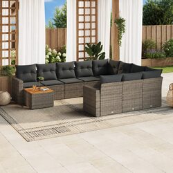 11-Piece Garden Sofa Set Grey Poly Rattan Outdoor Sectional Furniture Cushions