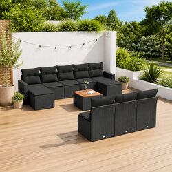 Outdoor Sectional Sofa Set 11 Piece Garden Furniture Black Poly Rattan with