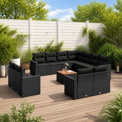 12 Piece Outdoor Garden Sofa Set Black Poly Rattan Patio Sectional Furniture