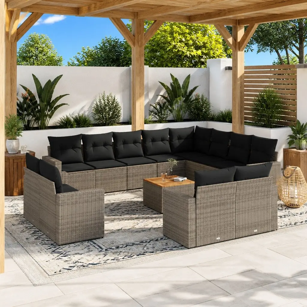 13 Piece Outdoor Sectional Sofa Set Grey PE Rattan with Acacia Wood Table Top
