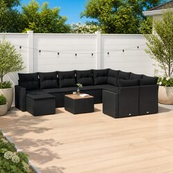 Outdoor Sectional Sofa Set 11 Piece Garden Furniture Black Poly Rattan Cushions