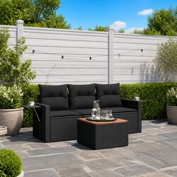 Outdoor Sectional Sofa Set 4 Piece Black Poly Rattan Garden Furniture with