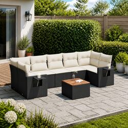 Outdoor Sectional Sofa Set 8 Piece Black Poly Rattan Garden Furniture with