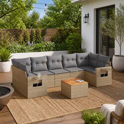 Outdoor Sectional Sofa Set 8 Piece Garden Furniture Beige Poly Rattan with