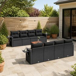 Outdoor Sectional Sofa Set 9 Piece Garden Furniture Black Rattan with Cushions
