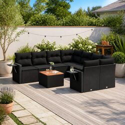 Outdoor Sectional Sofa Set 9 Piece Black Poly Rattan Garden Furniture with