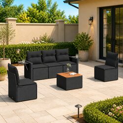 Outdoor Sectional Sofa Set 6 Piece Garden Furniture Black Poly Rattan with