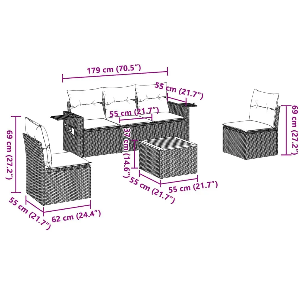 6 Piece Outdoor Garden Sofa Set with Cushions Grey Rattan Patio Furniture
