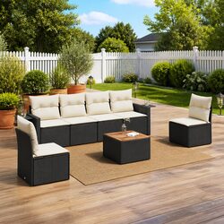 Outdoor Sectional Sofa Set 7 Piece Black Poly Rattan Garden Furniture with