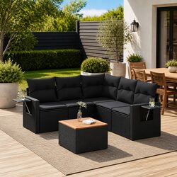 Outdoor Sectional Sofa Set 6 Piece Black PE Rattan Patio Furniture with Cushions