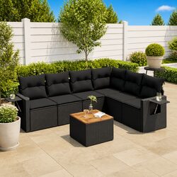 Outdoor Sectional Sofa Set 7 Piece Garden Furniture with Cushions Black Rattan