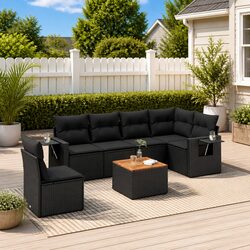 Outdoor Sectional Sofa Set 7 Piece Black PE Rattan Garden Furniture with