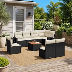 Outdoor Sectional Sofa Set 9 Piece Garden Furniture Black Poly Rattan with