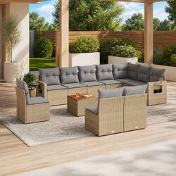 Outdoor Sectional Sofa Set 11 Piece Garden Furniture Beige Poly Rattan with