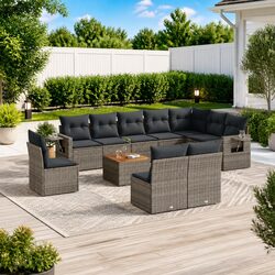 Outdoor Sectional Sofa Set 11 Piece Grey Poly Rattan Garden Furniture Patio