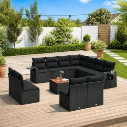 Outdoor Sectional Sofa Set 12 Piece Garden Furniture Black Poly Rattan Modular