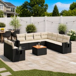 Outdoor Sectional Sofa Set 10 Piece Black Poly Rattan Garden Furniture with