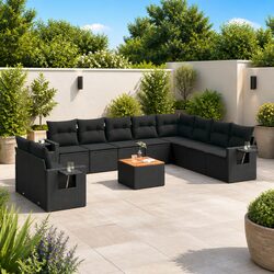 Outdoor Sectional Sofa Set 11 Piece Garden Furniture Black Rattan with Cushions