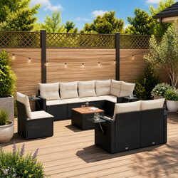 Outdoor Sectional Sofa Set 9 Piece Garden Furniture Black Rattan with Cushions