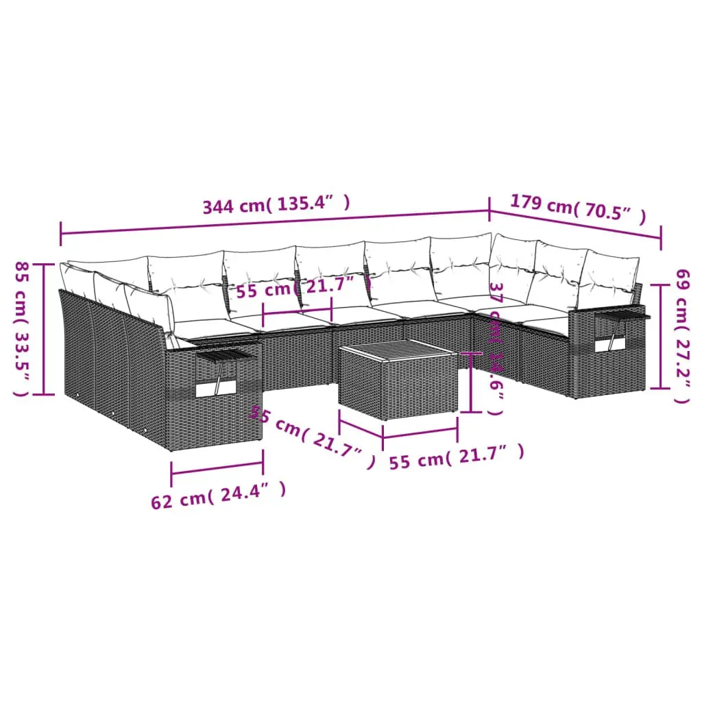 Outdoor Sectional Sofa Set Modular 11 Piece Grey PE Rattan Garden Furniture
