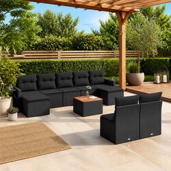 Outdoor Garden Sofa Set 10 Piece Black Poly Rattan Sectional with Cushions