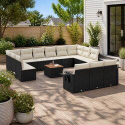Outdoor Sectional Sofa Set 14 Piece Garden Furniture Black Poly Rattan Modular