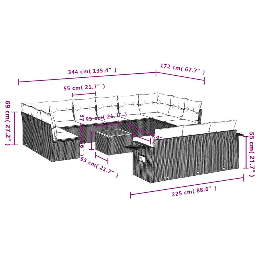 Outdoor Sectional Sofa Set 14 Piece Garden Furniture Grey Poly Rattan with