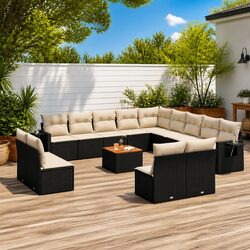 Outdoor Sectional Sofa Set 14 Piece Garden Furniture Black Poly Rattan with