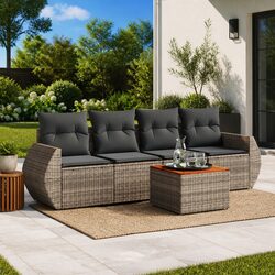 Outdoor Garden Sofa Set 5 Piece Patio Furniture Grey Poly Rattan with Cushions