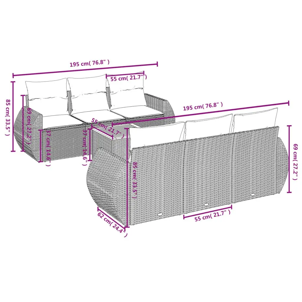 7 Piece Garden Sofa Set with Cushions Grey Outdoor Patio Furniture Rattan