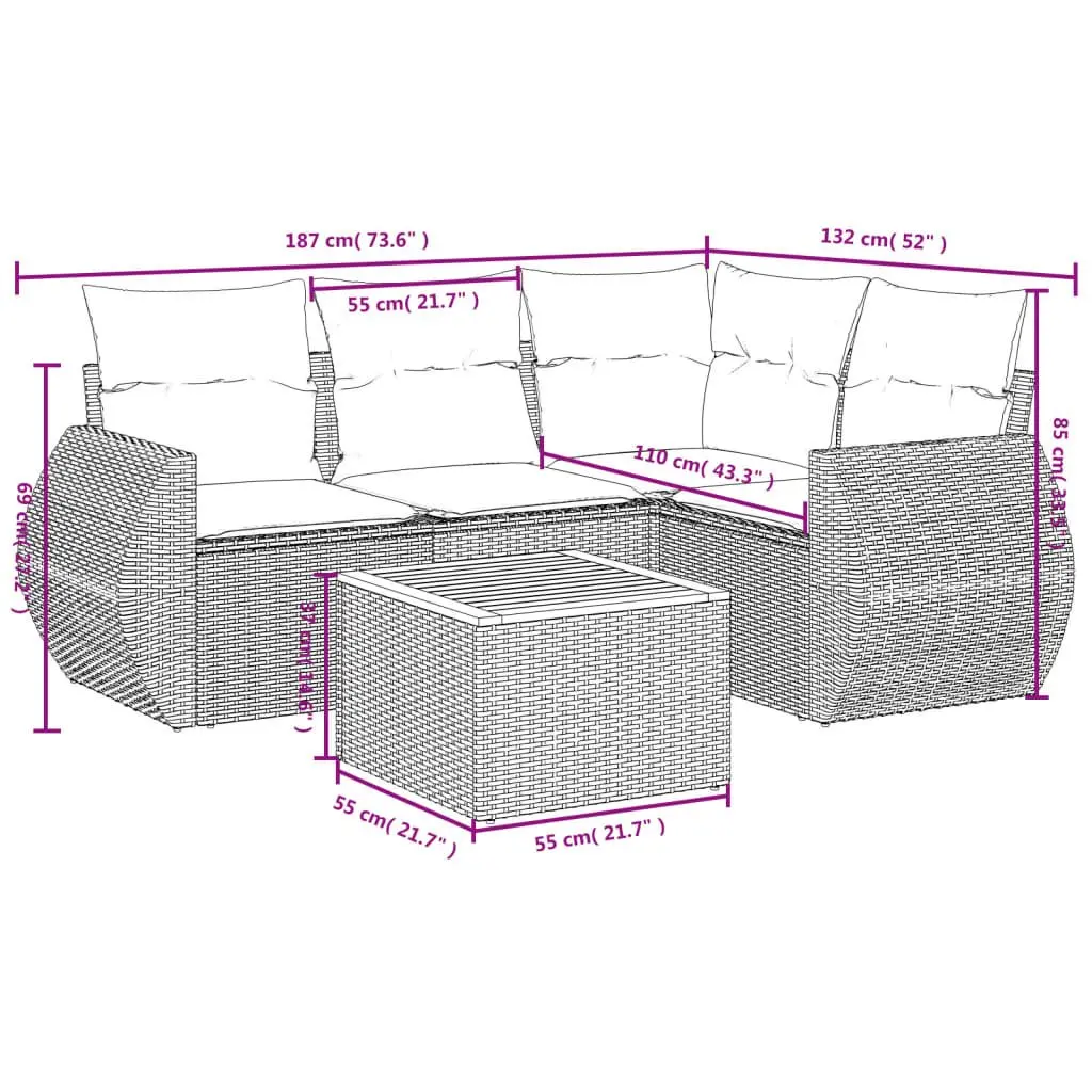 5 Piece Garden Sofa Set Outdoor Patio Furniture with Cushions Beige Rattan