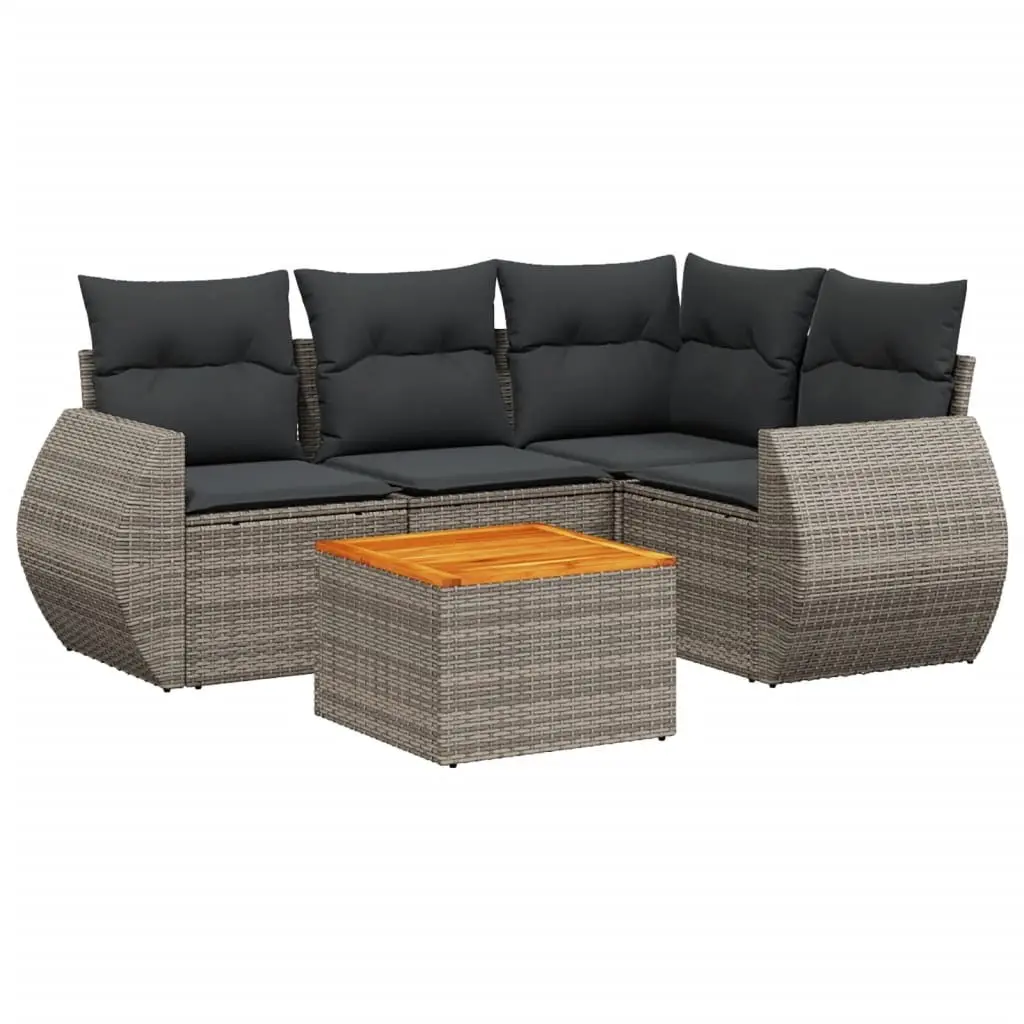 5 Piece Outdoor Garden Sofa Set with Cushions Grey Poly Rattan Patio Furniture