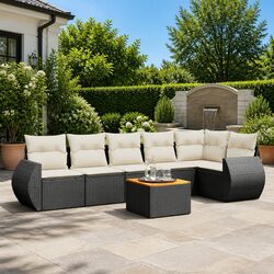 7 Piece Garden Sofa Set Outdoor Patio Furniture Black Poly Rattan with Cushions