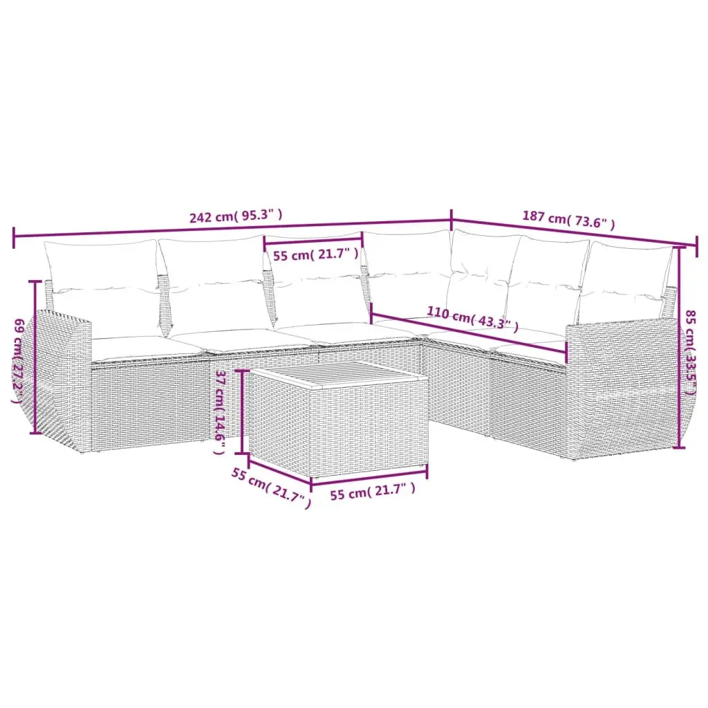 7 Piece Garden Sofa Set Outdoor Furniture with Cushions Grey Poly Rattan Patio